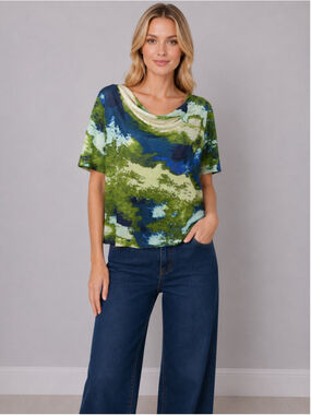 Chico's Watercolor Abstract Blouse Women's Size 3 = XL Green Blue Cowl Neck Top